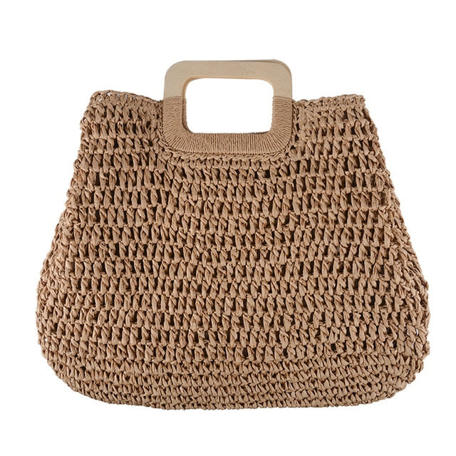 Large Straw Tote Bag with Wooden Handle