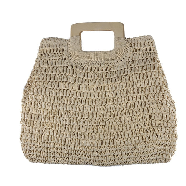 Large Straw Tote Bag with Wooden Handle