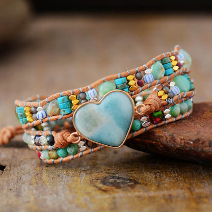 Amazonite Spiritual Heart Leather Wrap Bracelet