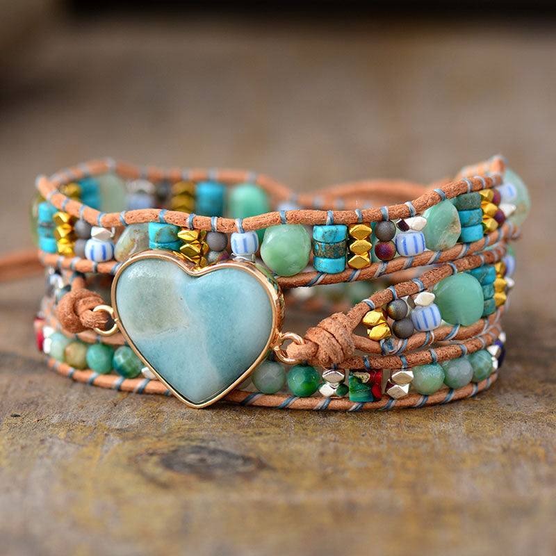 Amazonite Spiritual Heart Leather Wrap Bracelet