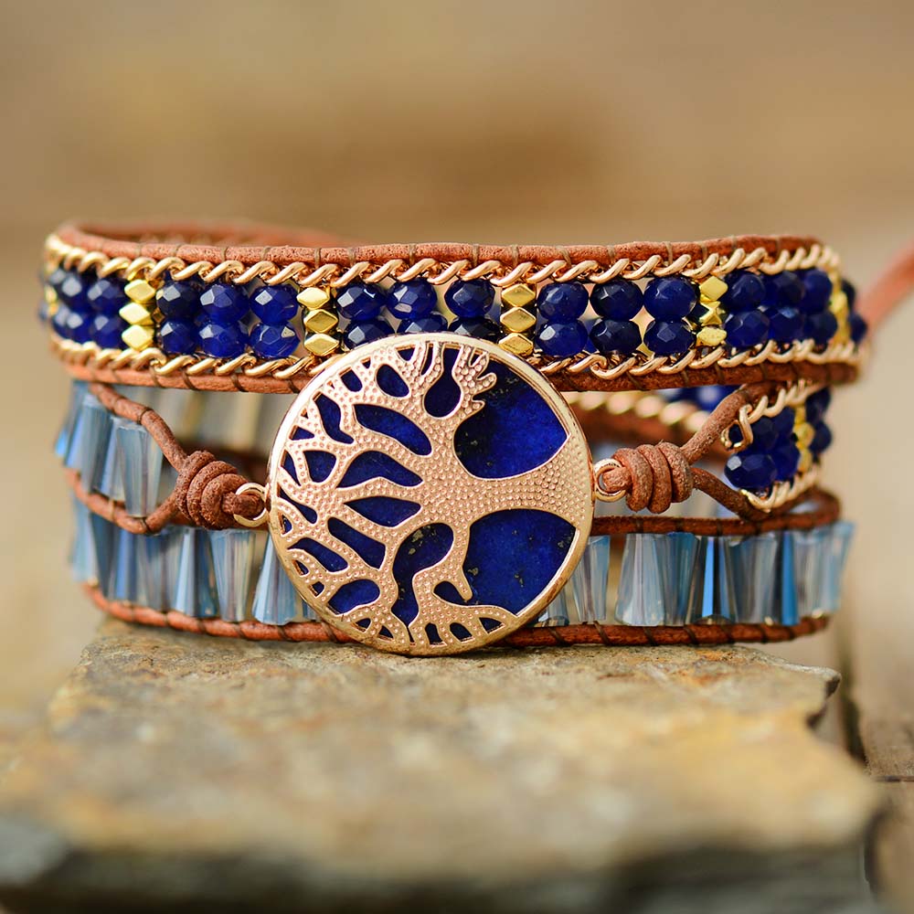 Lapis Lazuli Tree of Life Leather Wrap Bracelet