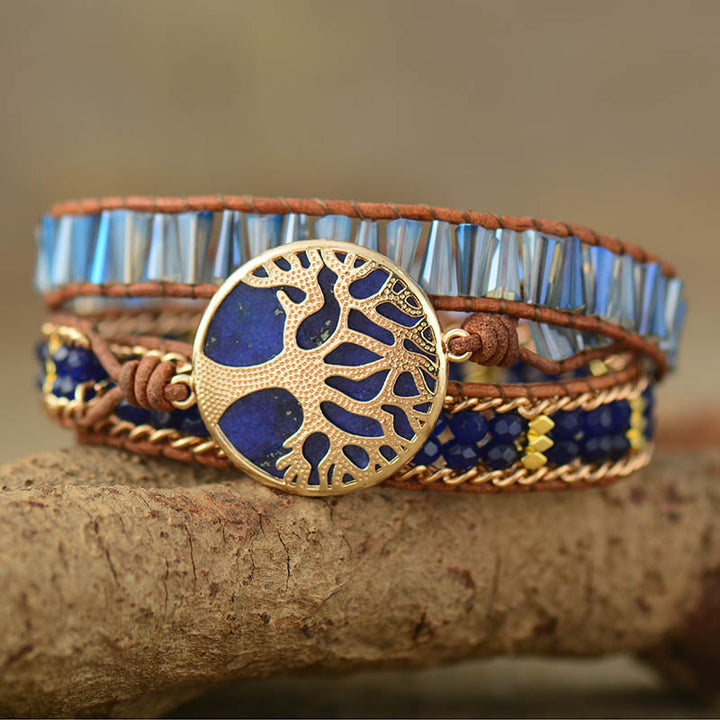 Lapis Lazuli Tree of Life Leather Wrap Bracelet